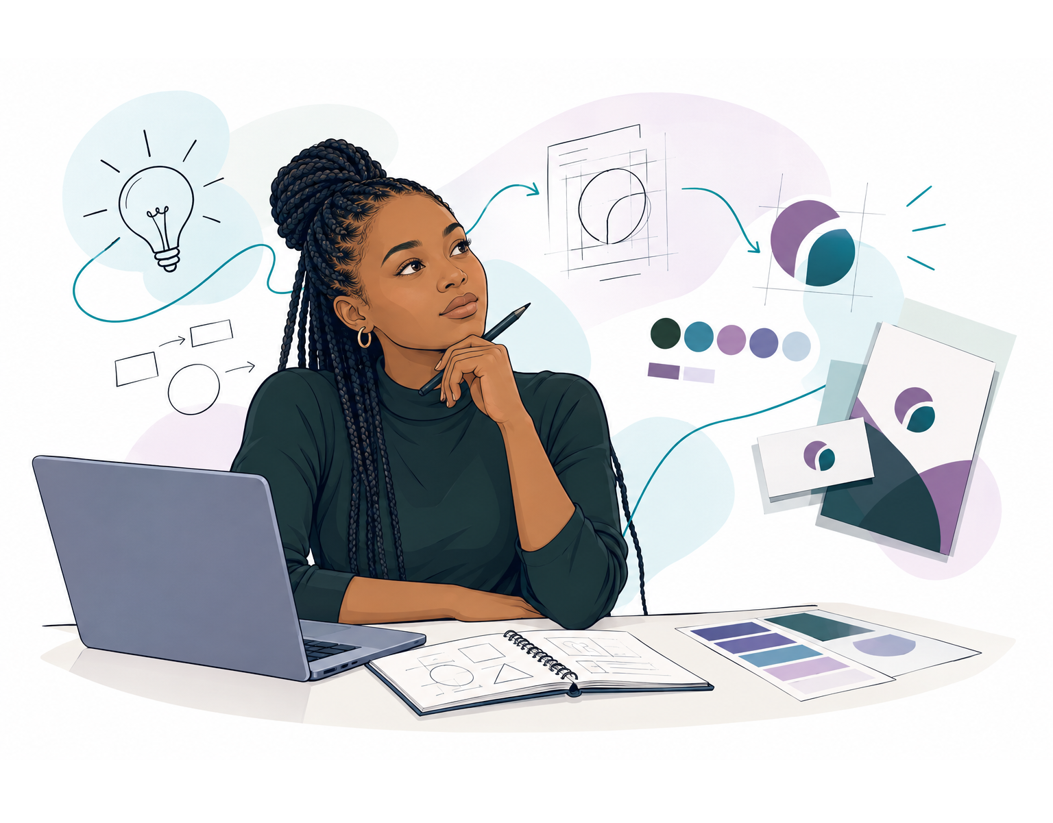 Ilustração sobre o desenvolvimento de uma ideia até à criação de uma identidade de marca