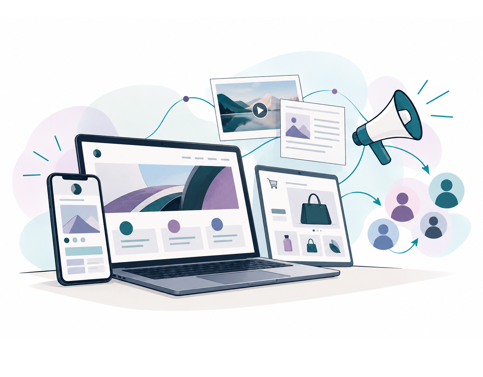 Ilustração sobre presença digital, conteúdos, comunicação e ligação da marca ao público